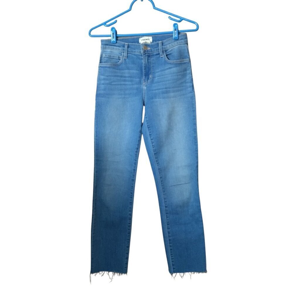 L'AGENCE Size 24 Camden High Rise Cropped Slim Raw Hem Denim Blue Jeans